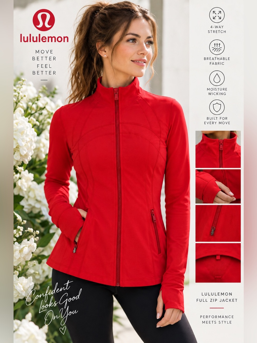 Lululemon Red Full Zip Technical Running Jacket Size 6 Thumbholes 🎥